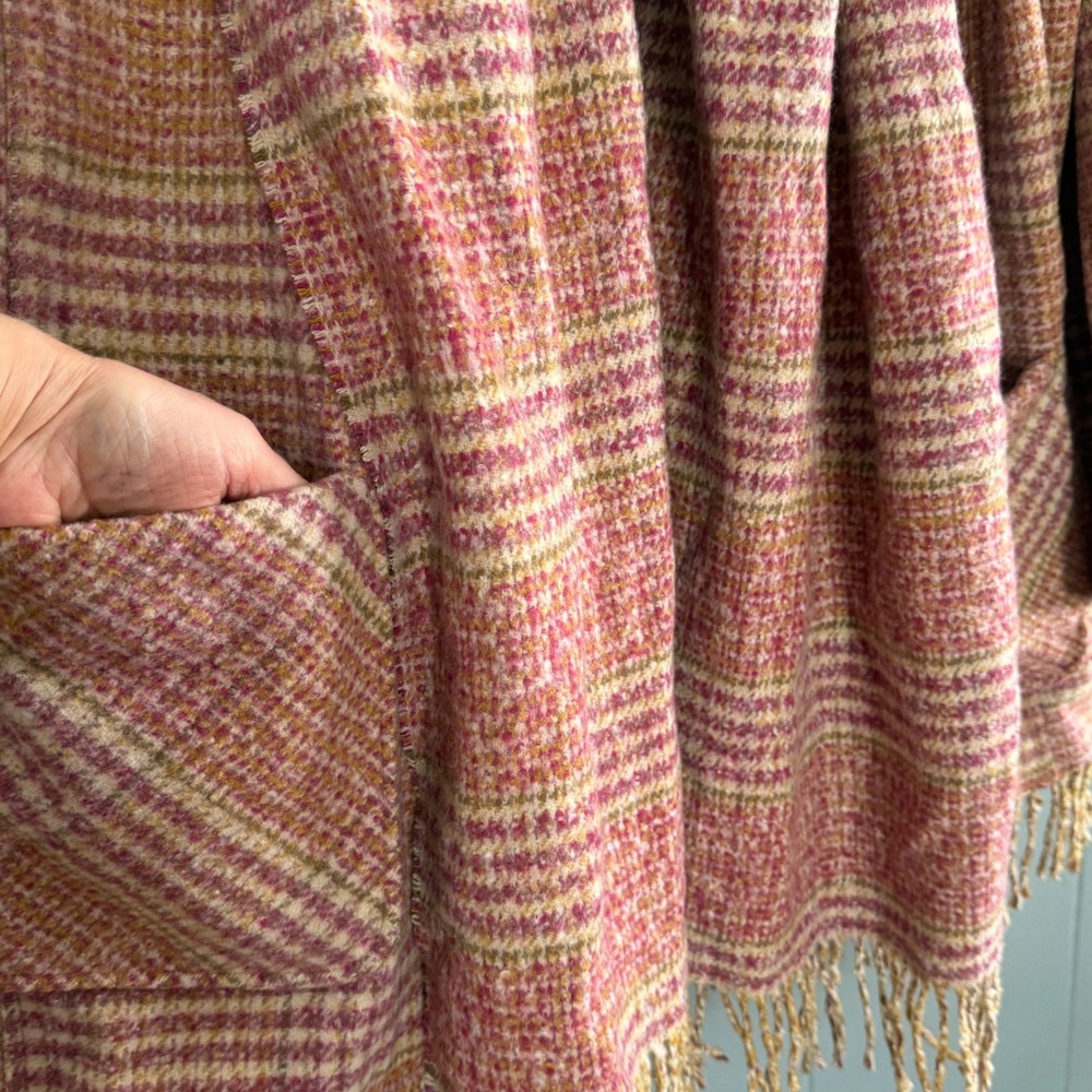 Democracy Womens Large Raspberry Multi Plaid Tubular Fringe Coat Attached Scarf - Picture 12 of 15